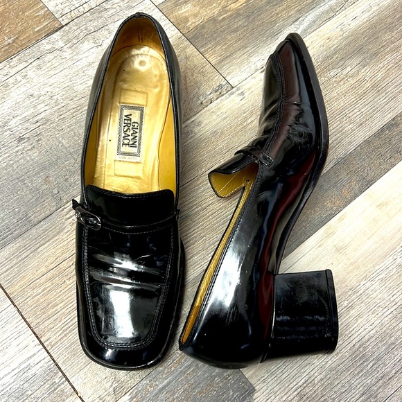 Versace Shoes - Vtg VERSACE Patent Black Block Heel Shoes Sz.37.5 Slip-on Loafers 80th